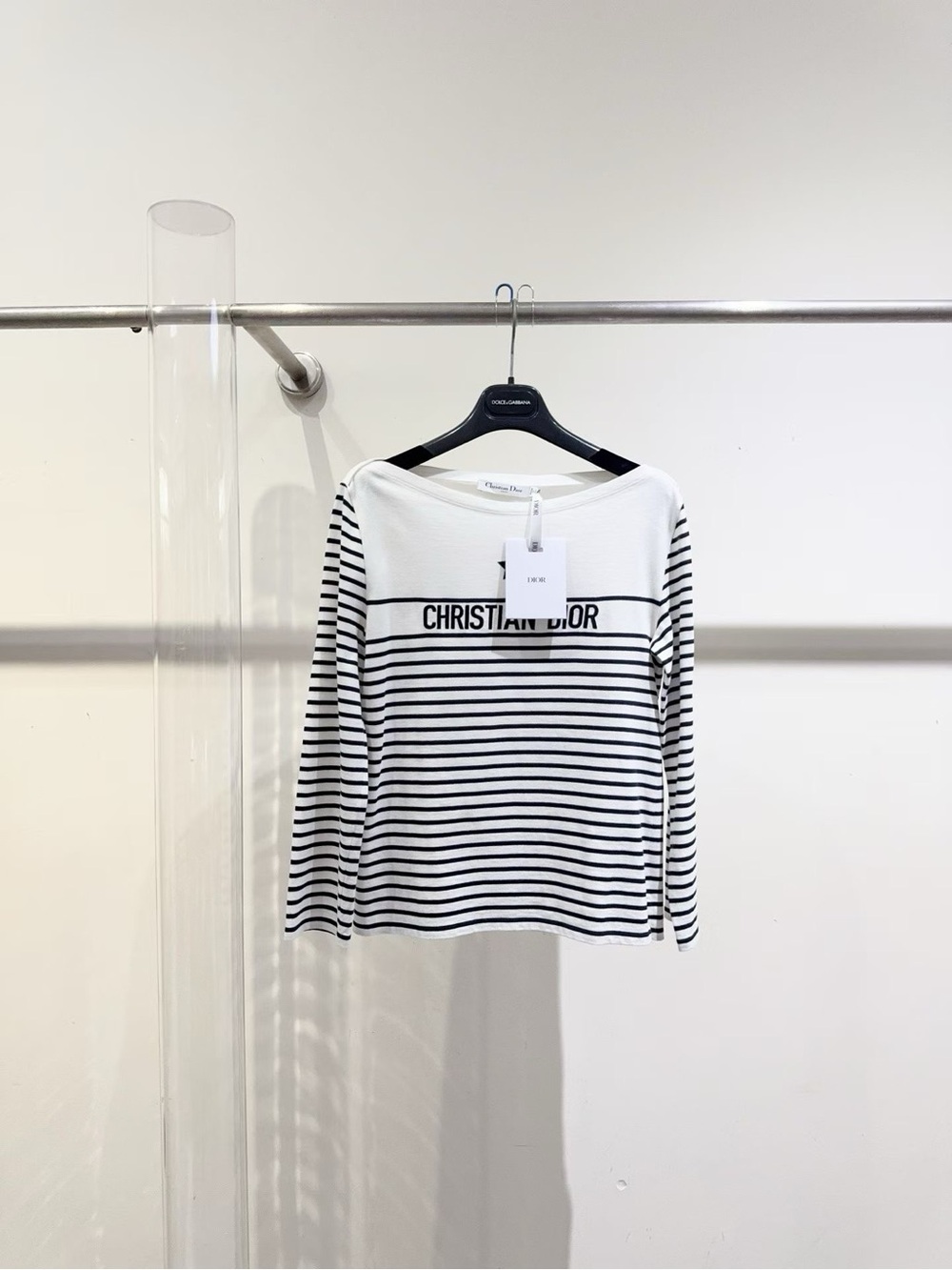 Dior White and Black Striped Long-Sleeve Logo Top
